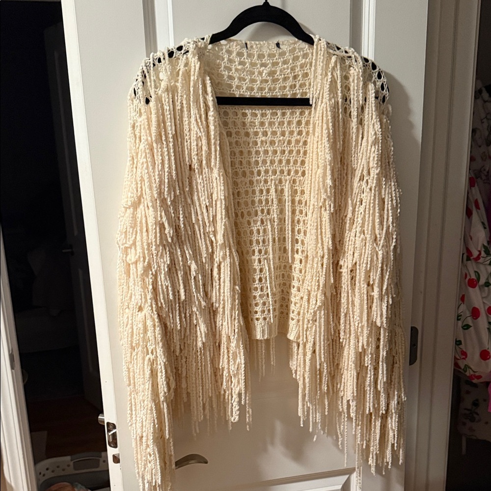 Elegant Cream Fringe Cardigan